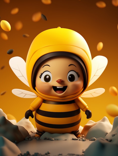Vista de la abeja del personaje de dibujos animados en 3D