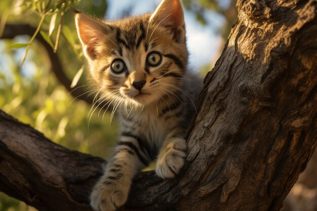 Vista del adorable gatito en el árbol