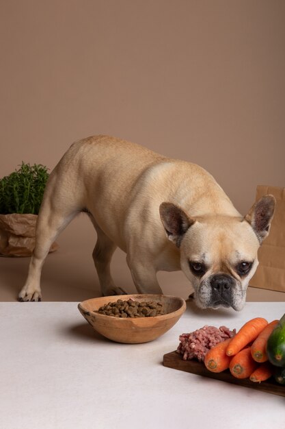 Vista de adorable perro con plato de comida