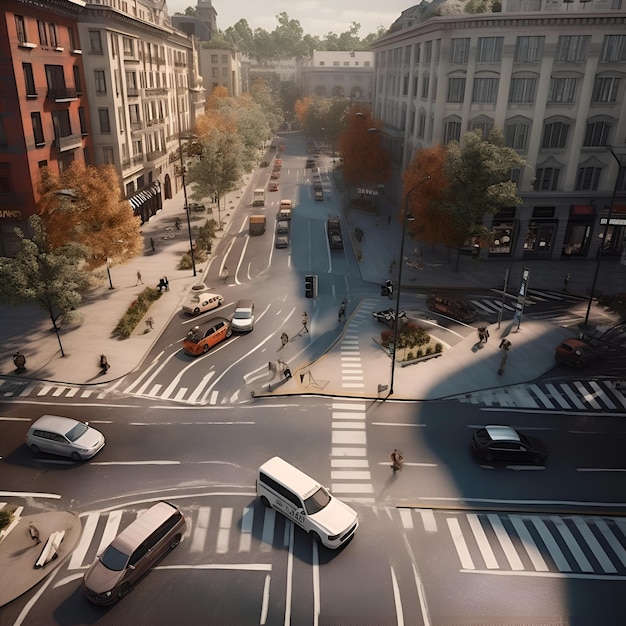Foto gratuita vista aérea de la calle de la ciudad con coches y peatones renderizado en 3d