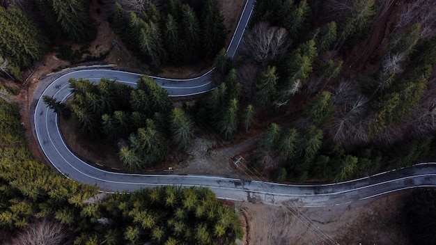 Vista aérea de una carretera de curvas en un campo