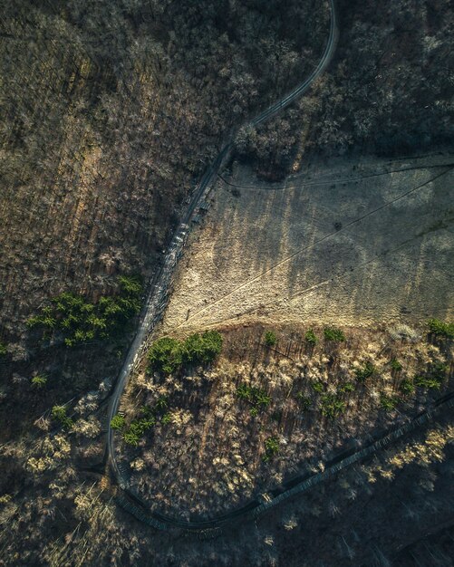 Vista aérea de la carretera rodeada de rocas y árboles.