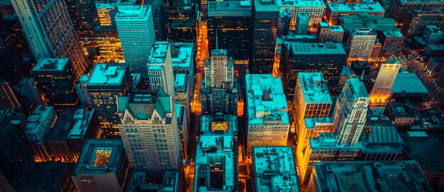 Vista aérea de Chicago por la noche, Estados Unidos.