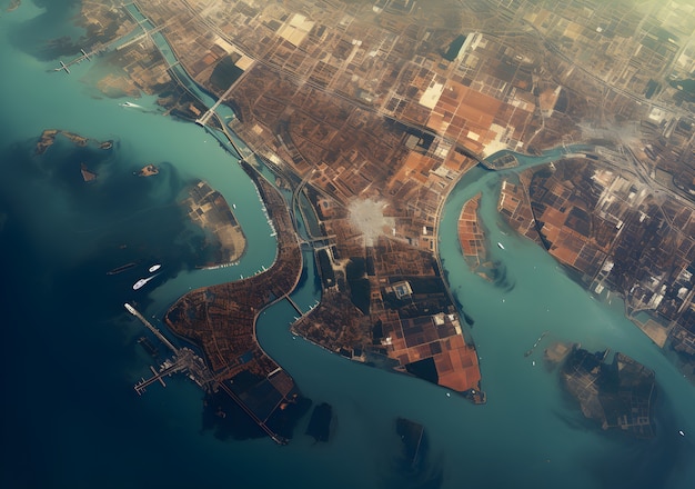 Vista aérea de la ciudad por agua