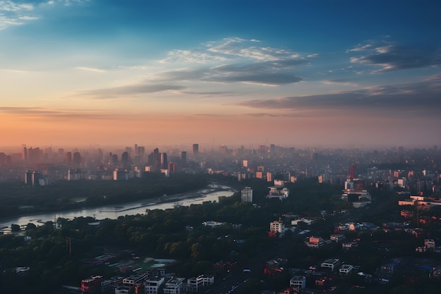 Vista aérea de la ciudad por agua