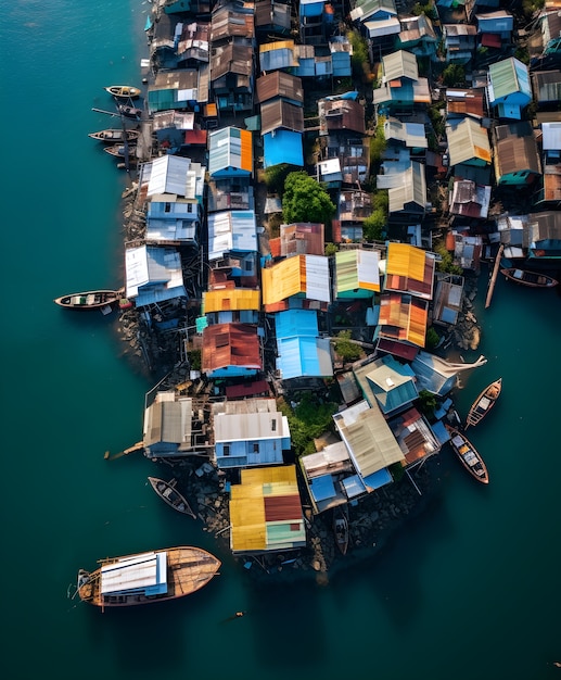 Vista aérea de la ciudad por agua