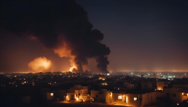 Foto gratuita vista aérea de una ciudad en llamas por la noche con mucho humo