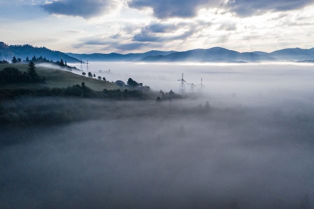 Vista aérea del colorido bosque mixto envuelto en la niebla de la mañana en un hermoso día de otoño