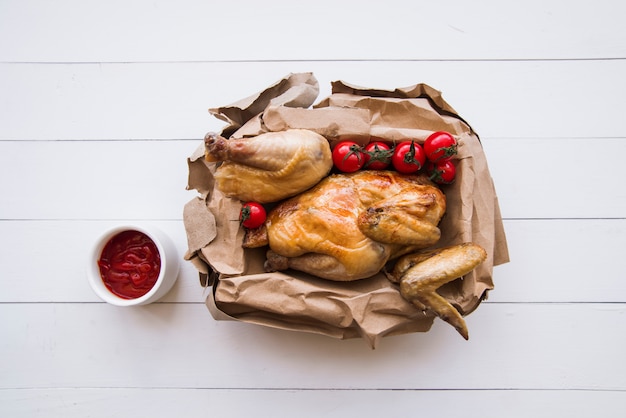 Vista aérea de delicioso pollo a la parrilla en papel marrón con salsa de tomate sobre una mesa de madera