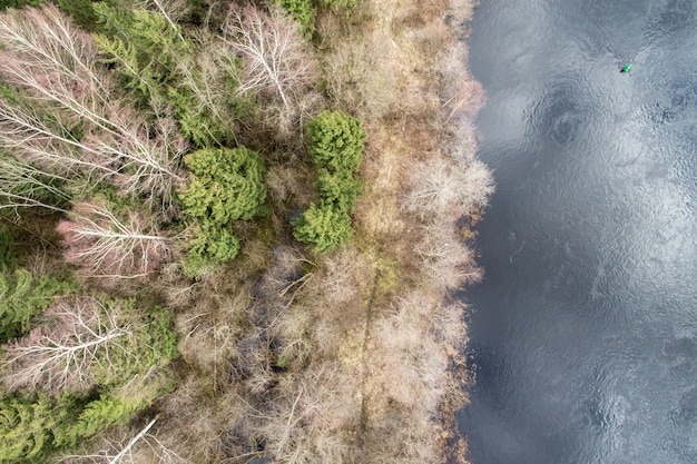 Vista aérea de un denso bosque con árboles otoñales de hoja perenne cultivados por una superficie de agua reflectante