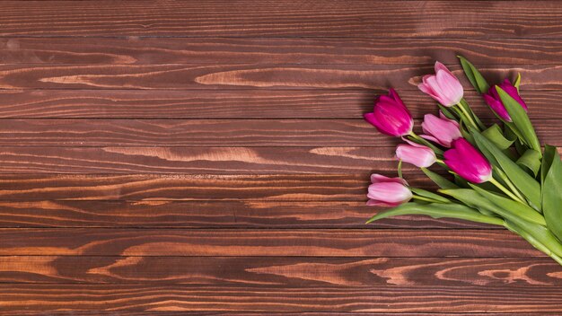 Vista aérea de flores de tulipán rosa en mesa de madera