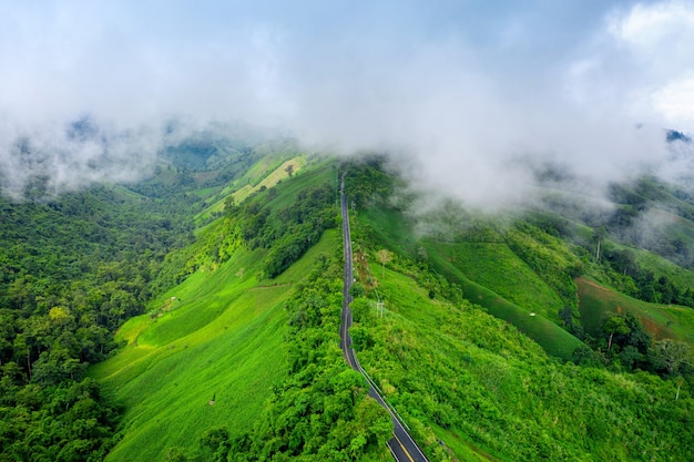 Vista aérea de la hermosa carretera del cielo sobre la cima de las montañas con selva verde en la provincia de Nan, Tailandia