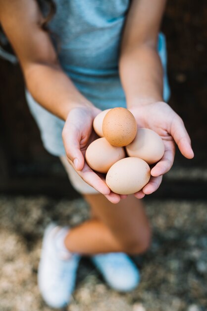 Una vista aérea de la niña con huevos en la mano