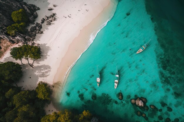 Vista aérea de la orilla del mar con playa y bosque Costa con arena y agua Paisaje tropical AI generativo