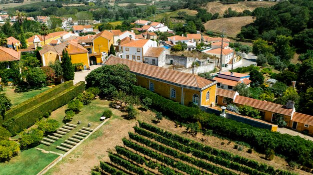 Vista aérea del paisaje rural con casas de colores.