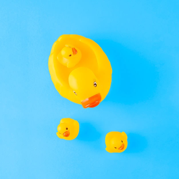 Foto gratuita una vista aérea de pato de goma amarillo lindo con patitos contra el fondo azul