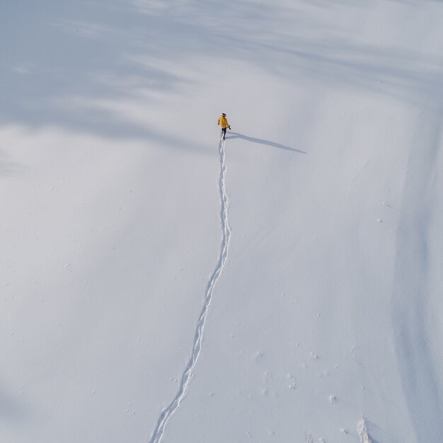 Vista aérea de una persona caminando en un campo cubierto de nieve
