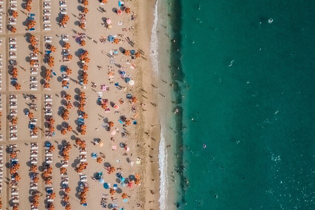 Vista aérea de personas descansando en la playa cerca del mar