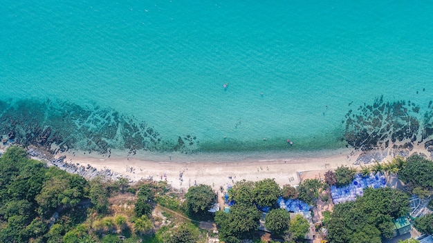 Vista aérea de la playa de arena con turistas nadando.