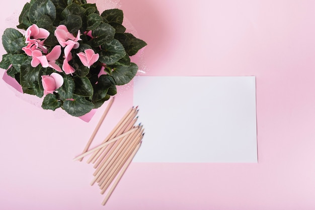 Una vista aérea del ramo de flores con lápices de colores y papel blanco sobre fondo rosa