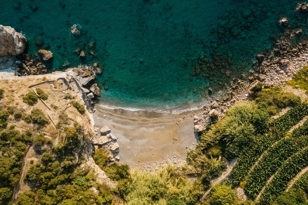 Vista aérea superior del mar reunión costa rocosa con árboles verdes