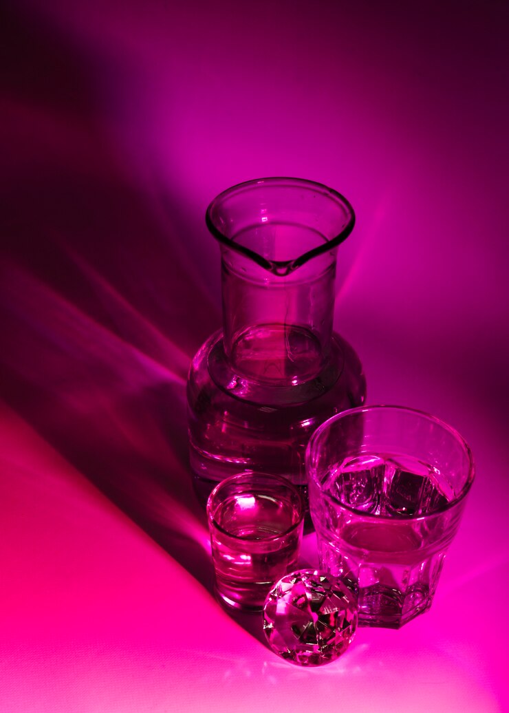 Foto gratuito una vista aérea de vidrios transparentes; vaso y diamante sobre fondo rosa oscuro