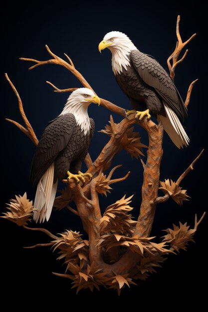 Vista de águilas 3d en la rama de un árbol