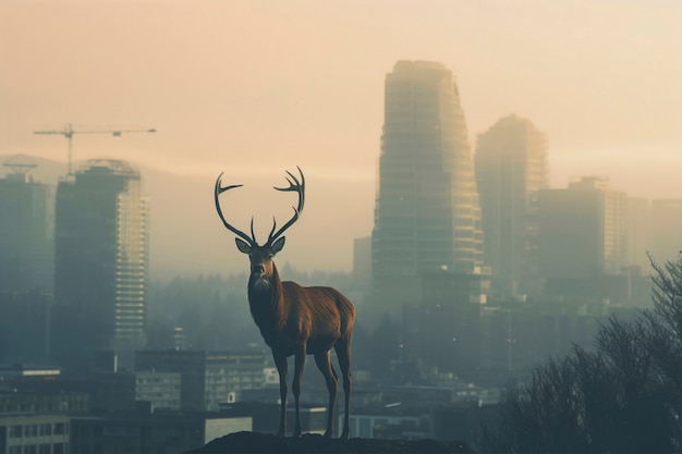 Foto gratuita vista de alces salvajes con paisaje urbano