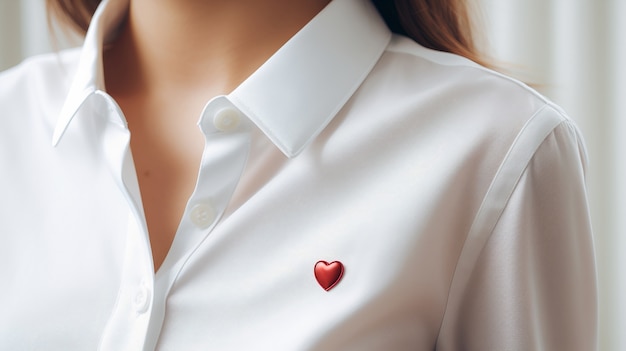 Vista del alfiler en forma de corazón en la camisa de la mujer