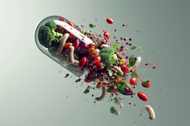 Vista de alimentos saludables envasados en un recipiente en forma de pastilla
