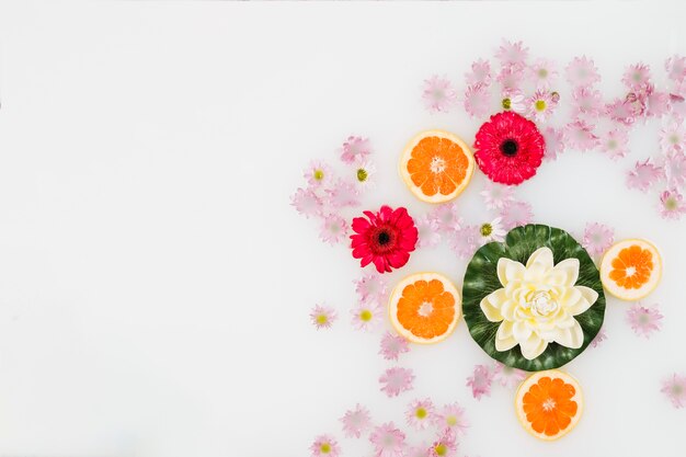 Vista de alto ángulo de leche de baño decorado con rodajas de pomelo y varias flores