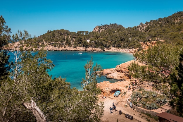 Vista de ángulo alto de una laguna azul rodeada de árboles en Ibiza