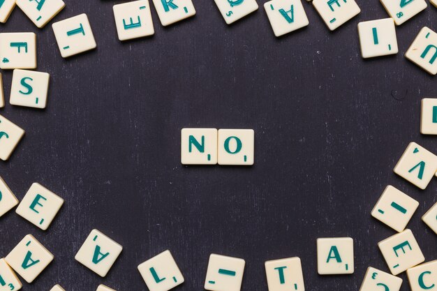 Vista de ángulo alto de ninguna palabra con letras scrabble