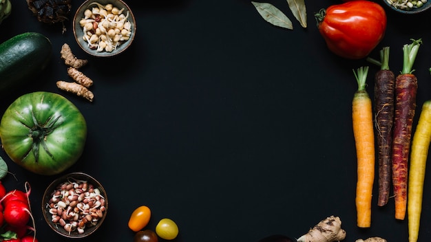 Vista de ángulo alto de varios vegetales crudos sobre fondo negro