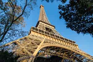 Foto gratuita vista de ángulo bajo de la torre eiffel rodeada de árboles bajo la luz del sol en parís en francia