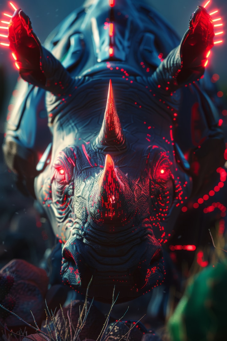 Foto gratuito vista de un animal rinoceronte con partes robóticas futuristas