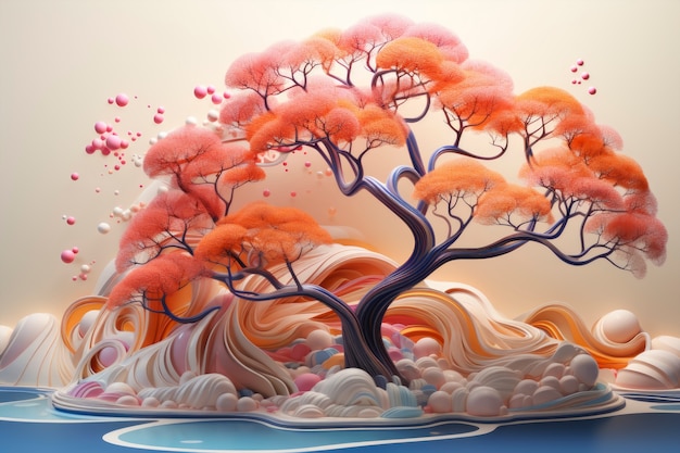 Vista del árbol 3d con hermosas hojas rosadas y fondo abstracto