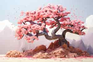 Foto gratuita vista del árbol 3d con hermosas hojas rosadas y fondo de cielo