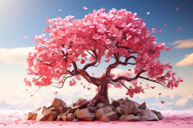 Foto gratuita vista del árbol 3d con hermosas hojas rosadas y fondo de cielo
