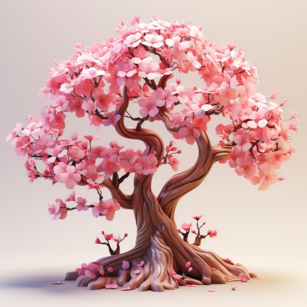 Vista del árbol 3d con hermosas ramas y hojas rosadas