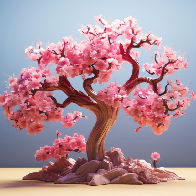 Vista del árbol 3d con hermosas ramas y hojas rosadas