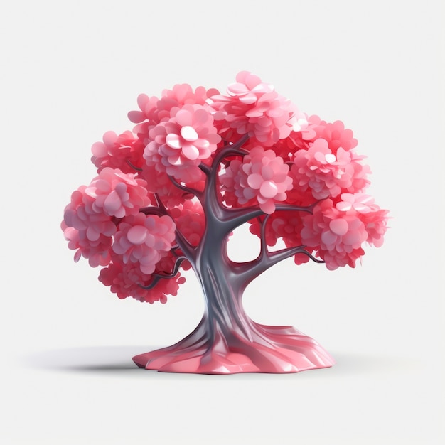 Vista del árbol 3d con hermosas ramas y hojas rosadas