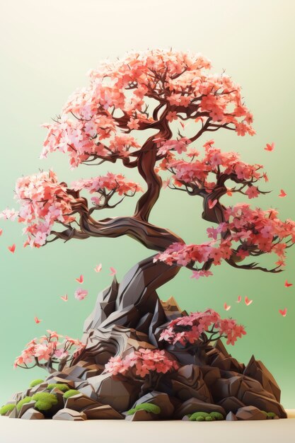 Vista del árbol 3d con hermosas ramas y hojas rosadas