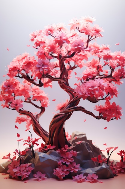 Foto gratuita vista del árbol 3d con hermosas ramas y hojas rosadas