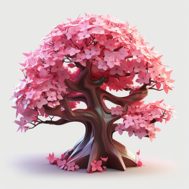 Vista del árbol 3d con hermosas ramas y hojas rosadas