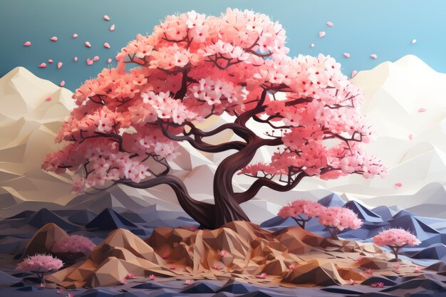 Vista del árbol 3d con hojas rosadas y fondo de montañas