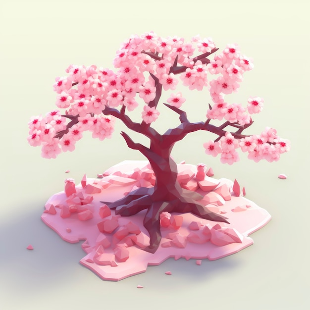 Vista del árbol 3d con ramas y hojas rosadas.