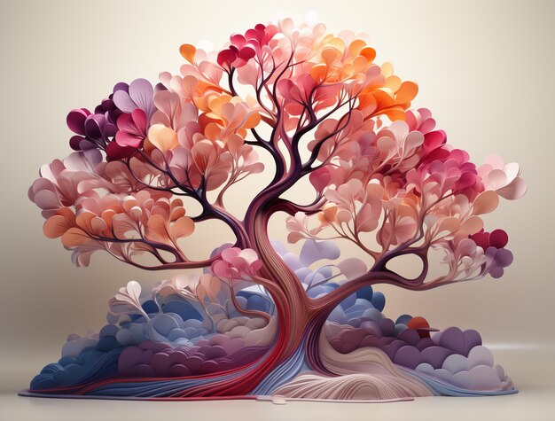 Vista del árbol de flores rosadas en 3D