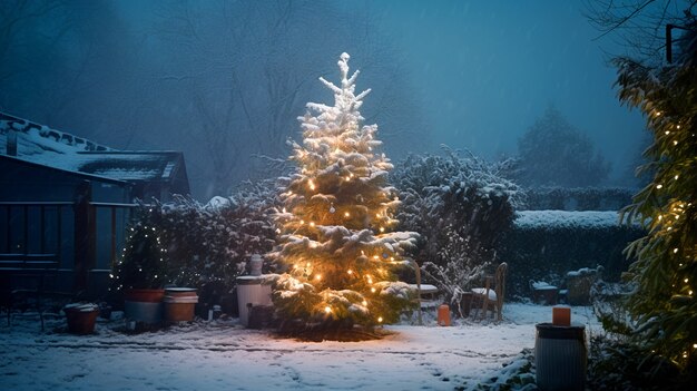 Vista del árbol de Navidad bellamente decorado al aire libre