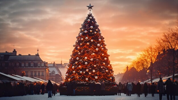 Vista del árbol de Navidad bellamente decorado al aire libre